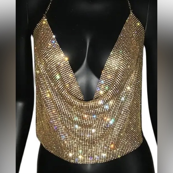 Gold Rhinestone Festival Party Backless Mesh Top - Picture 1 of 6